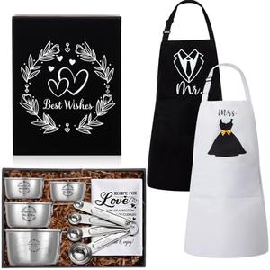 Funnymoom 8 Pcs Couple Wedding Gifts 2025 Bridal Shower, Wedding, Couple Engagement Gifts, Mr and Mrs Gifts, Kitchen Cooking Gift Box Sets with Measuring Cup and Spoon Set, Apron, Waffle Dish Towel