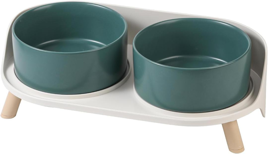 Elevated Ceramic Dog Bowl Set - Double Dog Feeding Bowls with Stand Splash Proof - Raised Dishes for Food and Water - Ideal for Small to Medium Dogs - 2 x 720 ml - 11.3 oz - Green