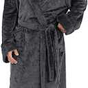 Hellomamma Mens Long Plush Robe: Fleece Bathrobe with Pocket Big and Tall Full Length Man House Coat for Winter Home, L-XL