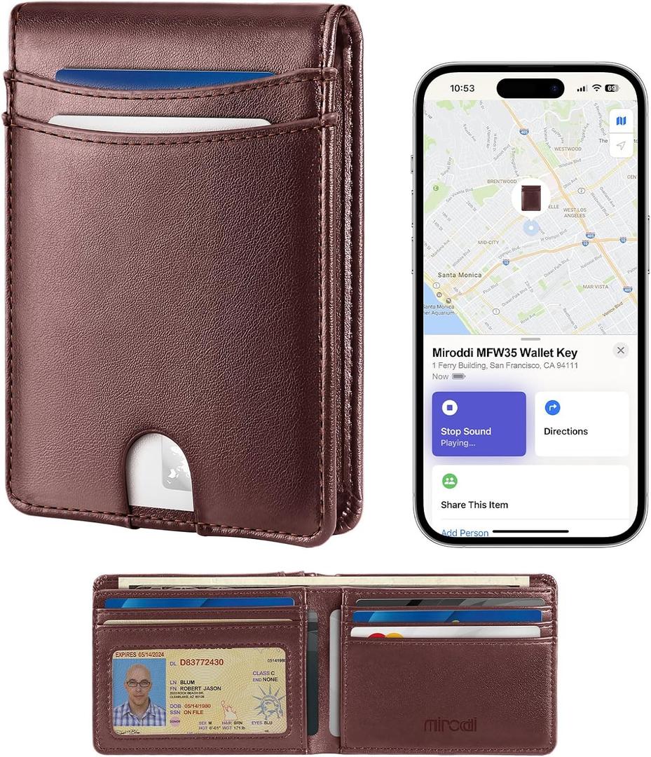 Miroddi Premium Leather Mens Wallet, Works with Apple Find My, RFID Blocking Smart Wallet for Men, Holds up to 10 Cards, Slim Bifold Credit Card Holder with Cash Slot, Wireless Rechargeable, Brown