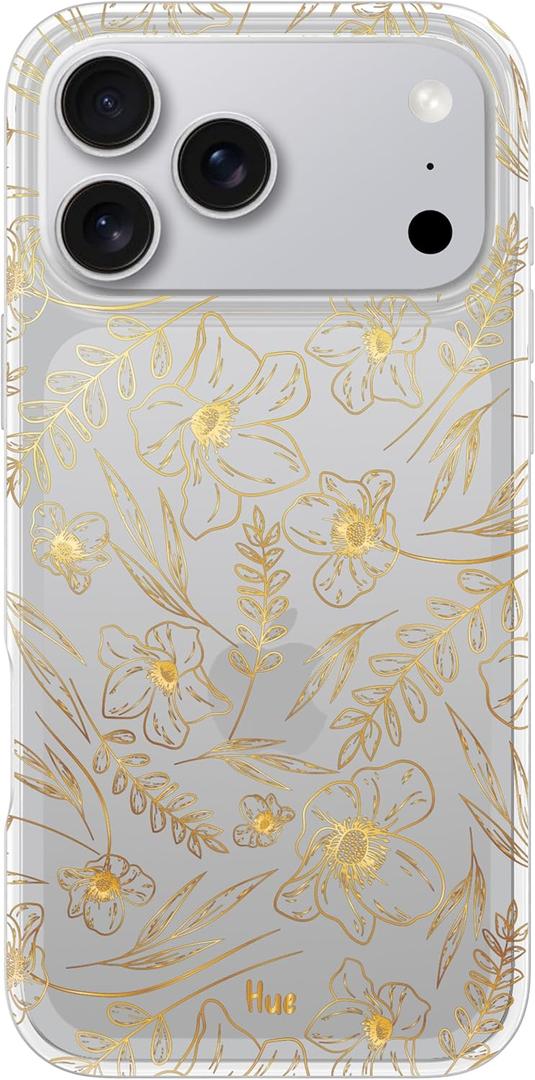LONLI Hue for iPhone 17 Pro Case - Golden Floral Shockproof Phone Cover - [Shock-Absorbent Bumper] - Elegant, Unique and Aesthetic for Women and Girls, Gold Flower 