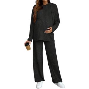 MakeMeChic Women's Maternity 2 Piece Outfits Lounge Set Ribbed Knit Long Sleeve Hoodie and Pants Pregnancy Set (Large, Black)