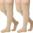 Sosation 2 Pairs Zipper Compression Socks Thigh High 20-30 Mmhg Compression Socks Closed Toe Thigh High Support Stockings for Pregnancy, Post-surgery, Swelling, Sports (Beige, 3X-Large)