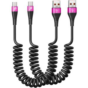 USB A to USB C Cable for Car, 2Pack 3FT Coiled USB C Cable Fast Charging, USB Type C Charging Cord Compatible with iPhone 17/16/15 Pro Max/Samsung Galaxy S20 S10 and More USB C Devices-Rose Red