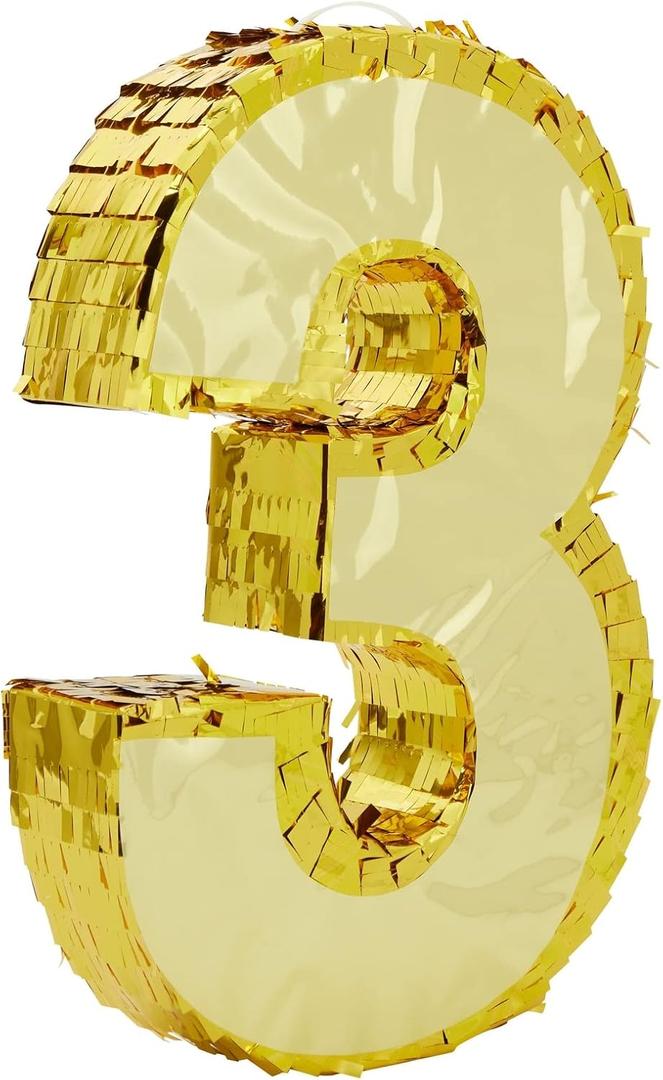 Gold Foil Number 3 Pinata for 3rd Birthday Party Decorations, Centerpieces, Anniversary Celebrations (Small, 11.1 x 2.9 x 16.1 in)