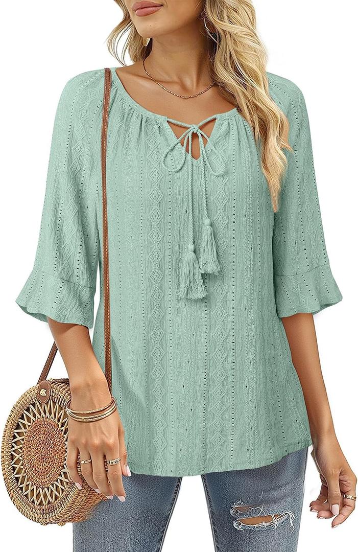 Furnex Women's Casual Ruffle Sleeve Tops V Neck Knit Shirts 2025 Spring Trendy Blouses (Green, XXL)