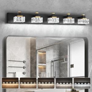 SineRise Bathroom Vanity Lights Over Mirror,5-Light Dimmable 5CCT Led Vanity Lights Black Gold Crystal Wall Sconce Lighting 40 inches Modern Vanity Light for Bathroom,Bedroom,Living Room(3000K-6000K)
