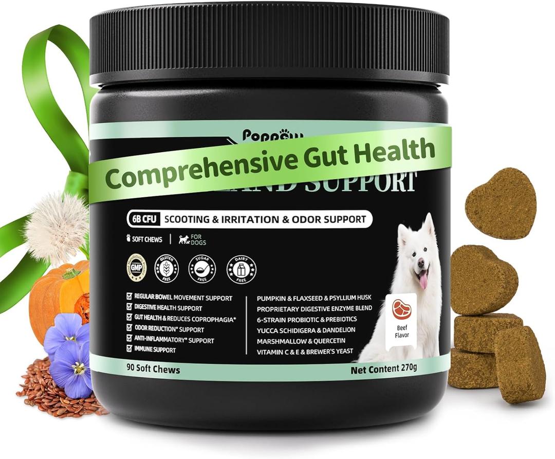 Dog Probiotics & Digestive Enzymes  Pumpkin Fiber Chews for Gut Health, Diarrhea & Upset Stomach Relief, Gas & Stool Support, Beef Flavor Soft Chews  90 Count