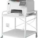 Under Desk Printer Stand with Power Outlet Large Printer Table with Adjustable Shelf,Industrial Wheels, 20 Inches Deep 2 Tier Rolling Printer Cart for Home Office, White