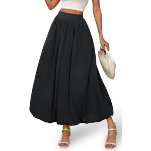 ELLEVEN Women's Bubble Maxi Skirt, Elastic Waist Puffy Hem A-Line Skirt with Pockets (Black, XL)