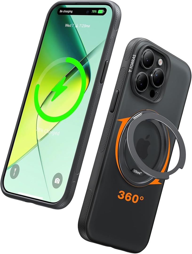 TORRAS 360 Magnetic Stand for iPhone 15 Pro Max Case [Compatible with MagSafe][Military-Grade Protection] Slim, Rotatable Kickstand, Translucent Obsidian Black 6.7", Ostand OFitness Series