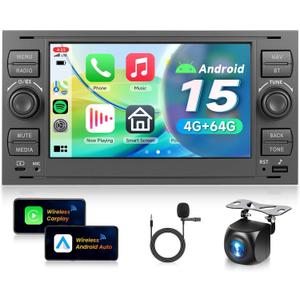 4G+64G Android 15 Car Stereo for Ford Focus 2005-2007 for Transit 2005 for Fiesta C-max Escape with Wireless Carplay Android Auto, 7 Inch Touch Screen GPS Bluetooth 5.0/EQ/SWC/Backup Camera
