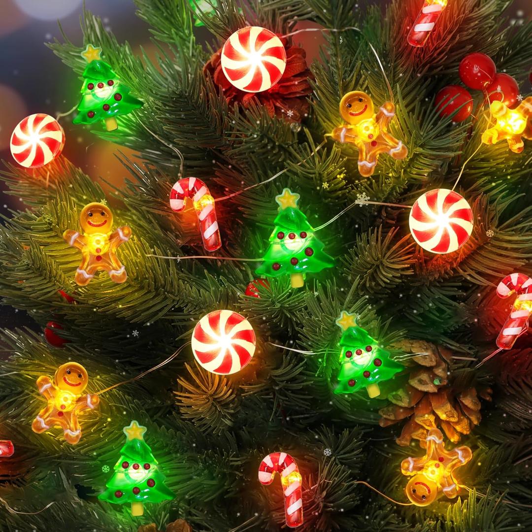15FT 40 LED Christmas Lights Battery Operated Christmas Tree Candy Cane Gingerbread Man Candy String Lights, Xmas Christmas Lights Indoor for Christmas Tree Decorations Home Table Holiday Decor Gifts