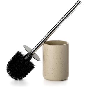 Ceramic Toilet Brush & Holder Set - Freestanding Deep-Cleaning Toilet Bowl Cleaner Brush, Stainless Steel Handle, Small & Sturdy for Storage, Easy to Clean, Non-Scratching (Sand)