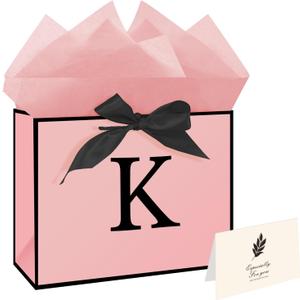 2 x Eaureum Personalized Initial K Gift Bags for Girls Women, 13" Pink Initial K Gift Bags for Birthday Wedding Holidays Party Decorations for Her Girls Women Daughter Granddaughter Friends Wife