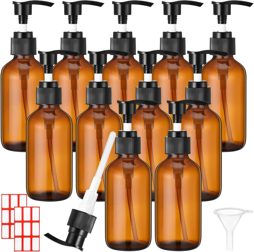 Tanlade 12 Pcs Glass Pump Bottle Dispenser 4 oz Travel Bottles with Pump Refillable Glass Containers for Toiletries Lotion Liquid Soap Shampoo Essential Oils Cosmetic Travel Accessories(Amber)