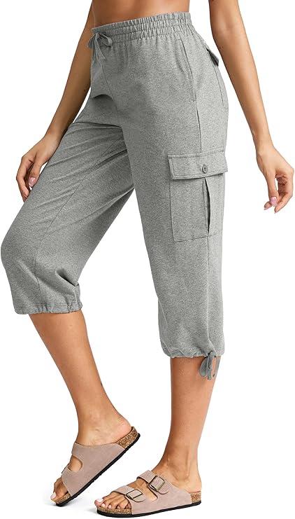 SANTINY Womens Cotton Cargo Capris Soft Stretch Drawstring Travel Casual Capri Pants for Women with 6 Pockets(Dark Grey_S)