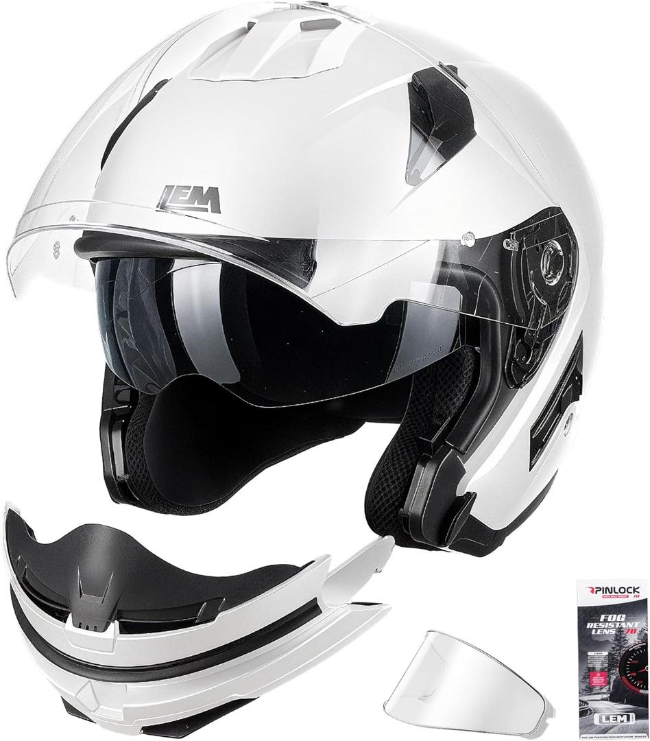 LEM Modular Motorcycle Helmets for Adults, Full Face Motorcycle Helmets for Women, Detachable Chin Guard, DOT Approved, Anti-Fog PINLOCK & DVS Dual Vision, Double D Lock, QUICK Series(White, XX-Large)