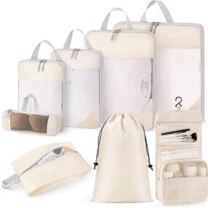 Compression Packing Cubes for Travel 8 Set Travel Organizer Bags Compression Cubes Bags Suitcase Packing Organizer Luggage Organizer Bags with Toiletries Bag and Shoe Bag Travel Essentials Beige