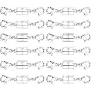 OHINGLT Extra Strong Magnetic Jewelry Clasps for Necklace Extender with Double Lobster Clasp,Magnetic Necklace Clasps and Closures Bracelet Connectors for Women (12Pcs Silver)