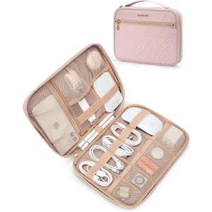 BAGSMART Makeup Bag Cosmetic Bag, Travel Makeup Bag, PU leather Makeup Bags for Women Portable Water-resistent Pouch Open Flat Make Up Organizer Bag for Toiletries, Brushes, Leather Pink
