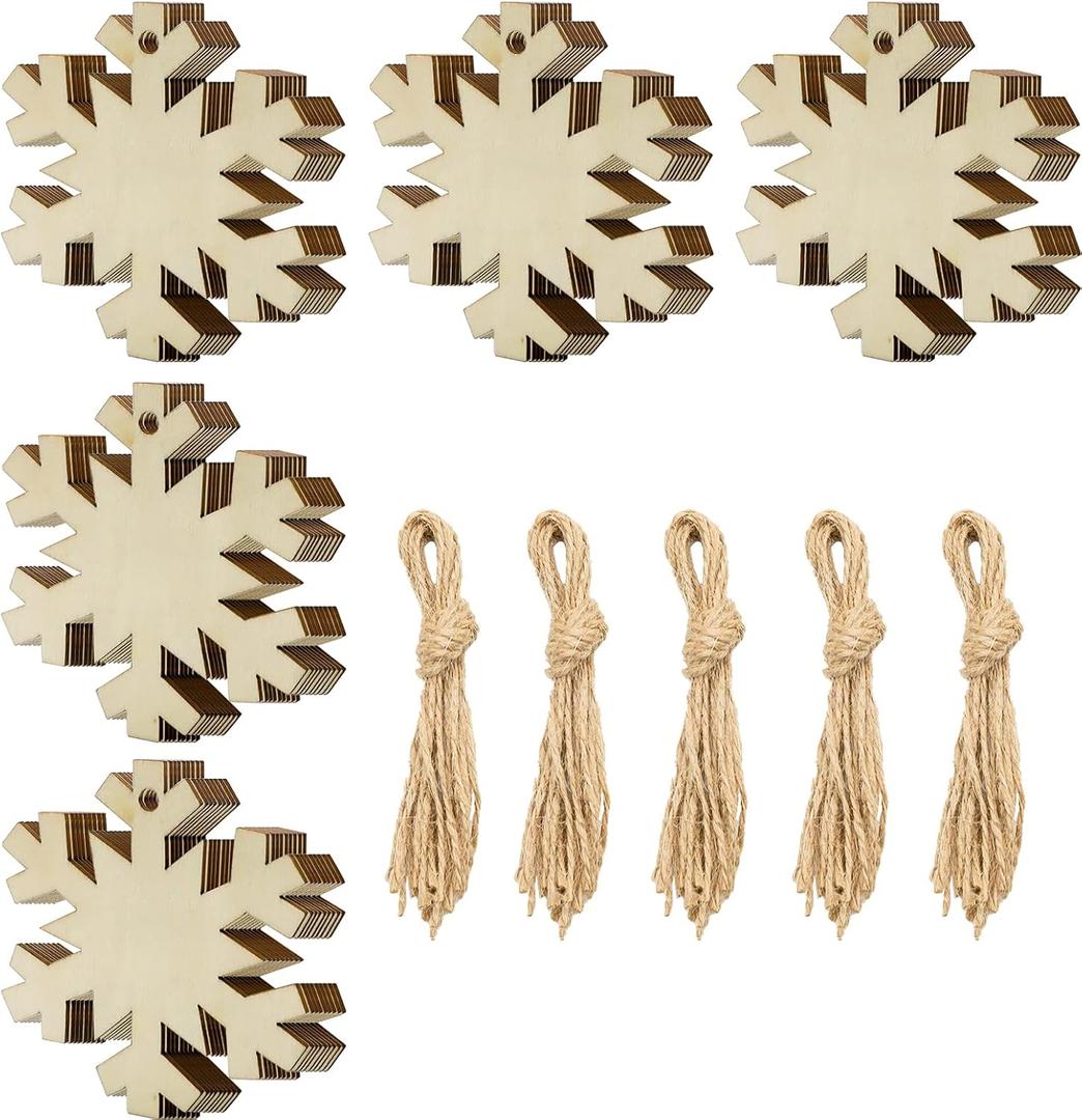 50Pcs DIY Wooden Christmas Ornaments Wooden Snowflakes for Crafts Unfinished Snowflakes Wood Ornaments with Hole, Predrilled Wood Snowflake Cutouts for Crafts Paints Christmas Tree Hanging Decor