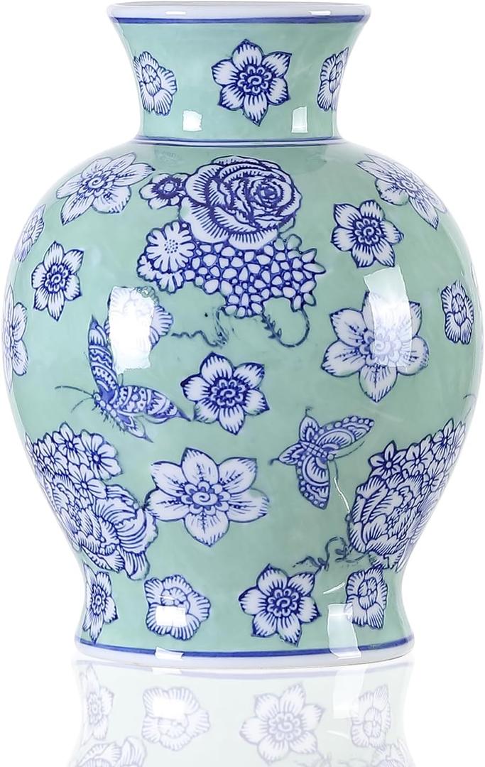 Vintage Chinoiserie Floral Ceramic Vase, Large Rustic Pottery Vases for Living Room, Entryway, Dining Table Centerpiece, Farmhouse Home Decor, Floor or Tabletop Flower Vase, (Green)