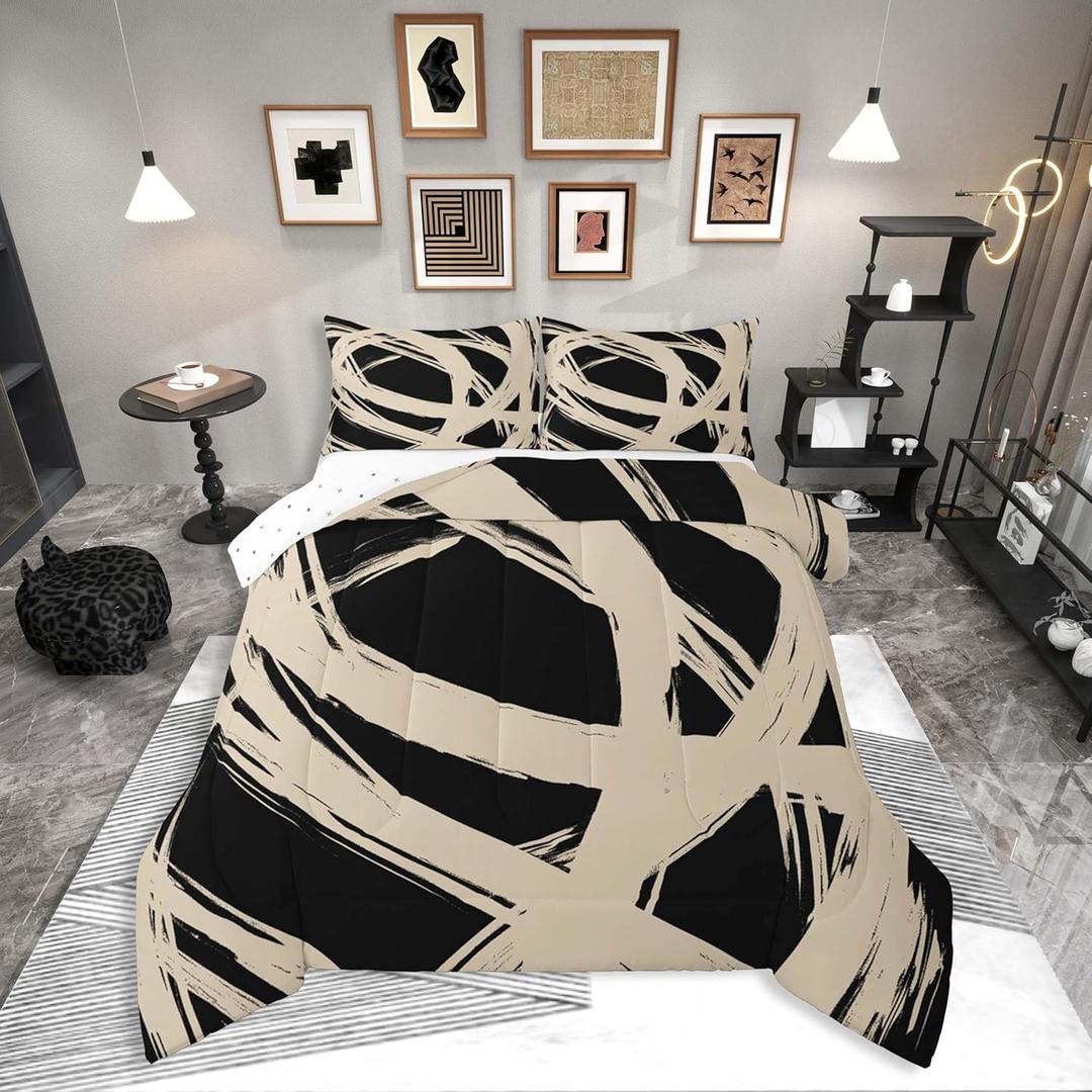 Erosebridal Beige and Black Abstarct Queen Comforter Set for Adult Women Men, Geometric Striped Bedding Set for Minimalists,Graffiti Aesthetic Lines Quilt,Contemporary Boho Modern Art Duvet Insert