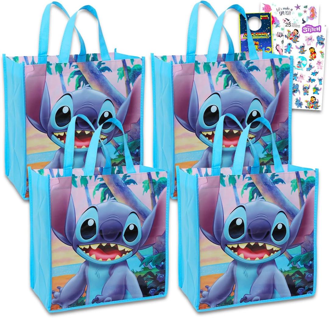 Disney Stitch Tote Bag Bundle Lilo and Stitch Accessories - 4 Pc Stitch Grocery Bag Set with Plus Stickers, Tattoos, More | Stitch Reusable Bags
