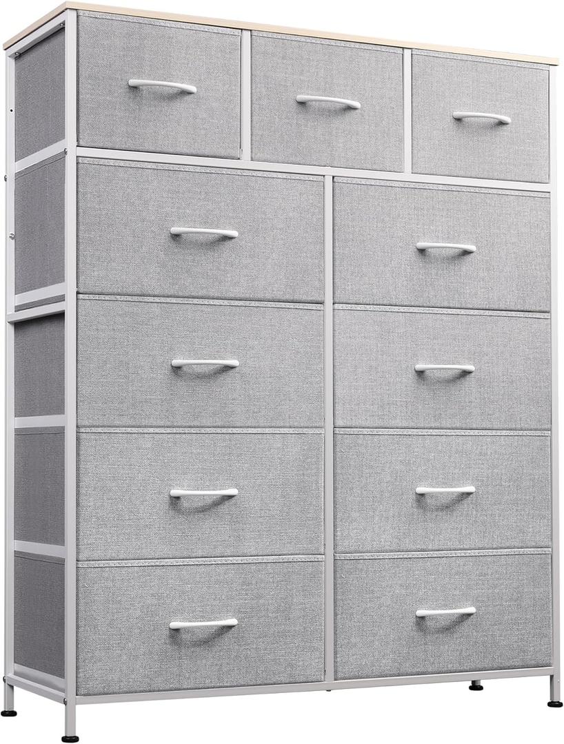 WLIVE Tall Dresser for Bedroom, Fabric Dressers Storage Tower, Dresser & Chest of Drawers Organizer Unit with 11 Drawers, Storage Cabinet, Hallway, Closets, Steel Frame, Wood Top (Light Grey)