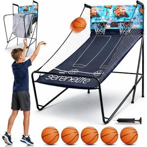SereneLife Dual Shot Basketball Arcade Game with Electronic Scorer, 8 Game Modes, Indoor Outdoor 2 Player Basketball Shooting Game, Foldable Arcade Set with 5 Balls and Pump