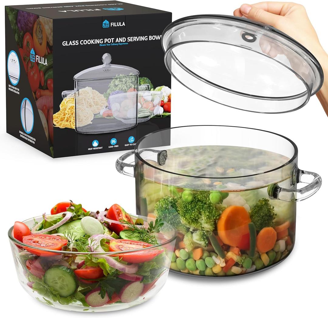 Glass Pots For Cooking on Stove - 1.9L/64oz - Heat-Resistant Cooking Pot with Lid, Microwave and Dishwasher Safe, Glass Saucepan, Simmer Pot - Includes Bowl
