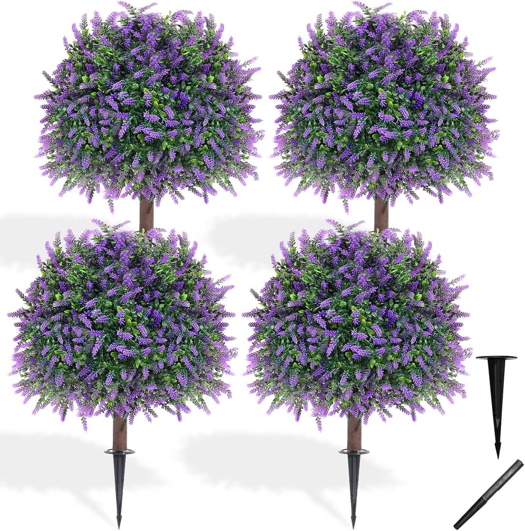 4-Pack Artificial Lavender Topiary Balls, Ground Spikes, UV Resistant | 4-Pack artificial lavender topiary balls with ground spikes; UV resistant, maintenance-free for indoor/outdoor garden dcor