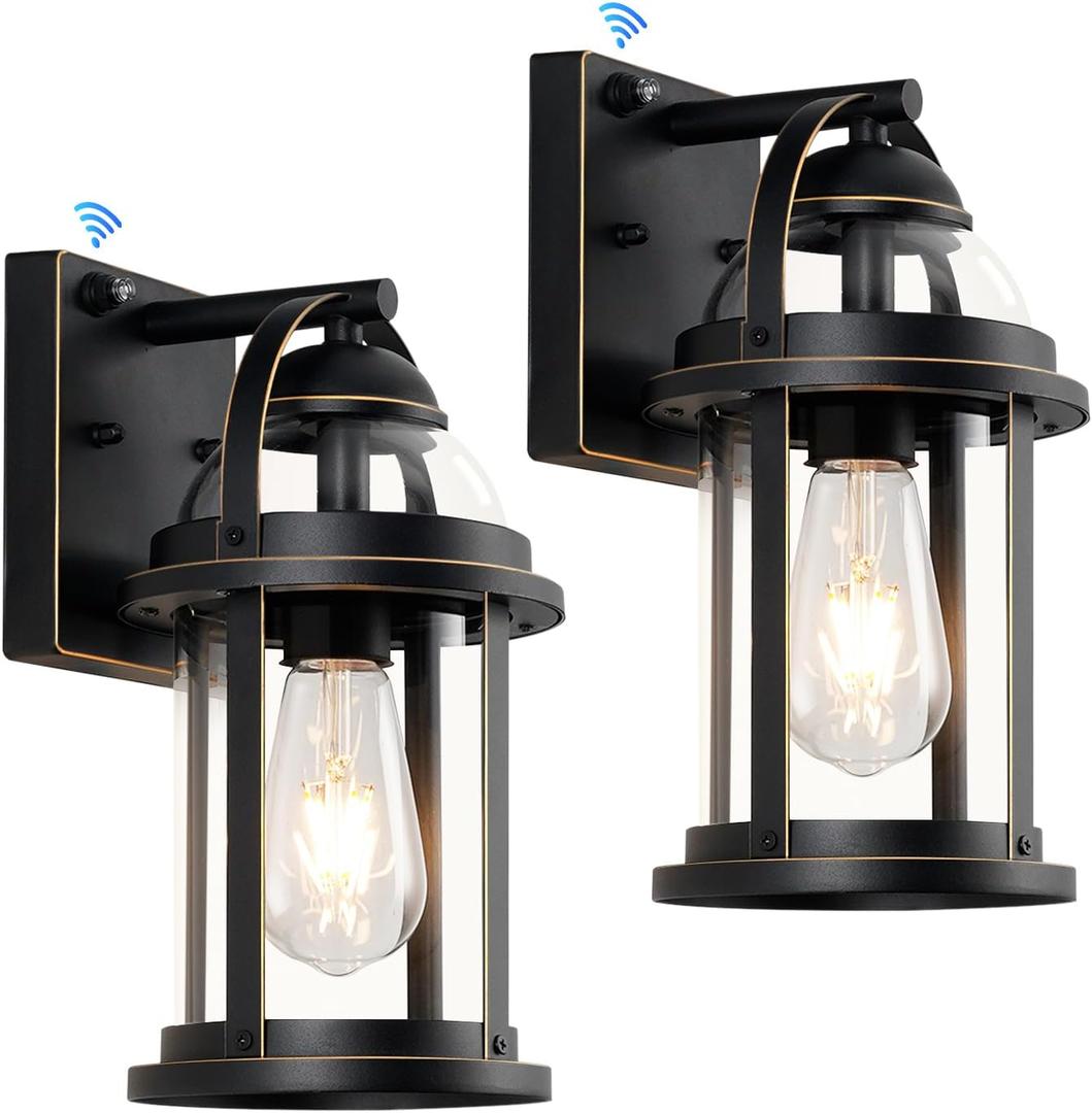 OKELI Dusk to Dawn Outdoor Wall Lights, Waterproof Lighting Fixtures Rustic Farmhouse Wall Lanterns with Clear Glass Shades Anti-Rust Outside Lights for House(Black with Gold-Trim, 2 Pack)