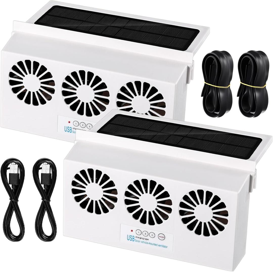 Tujoe 2 Pack Solar Powered Car Exhaust Fan 3 Fans Car Window 4500 RPM Air Vent Radiator Solar Energy Cooling Vent Exhaust for General Types(Rechargeable & Solar 3 Fans,White)