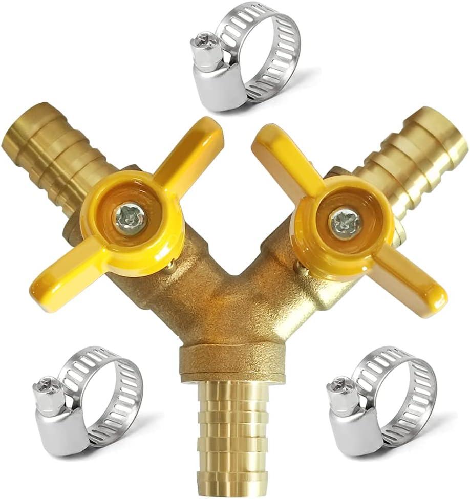 Uenede Brass 3/8 Inch 3-way Y-shaped Shut-off Ball Valve with 2-switch 3/8" Hose Barb Include 3 Stainless Steel Clamps Hose Pipe Barb Fitting for Water/Oil/Gas