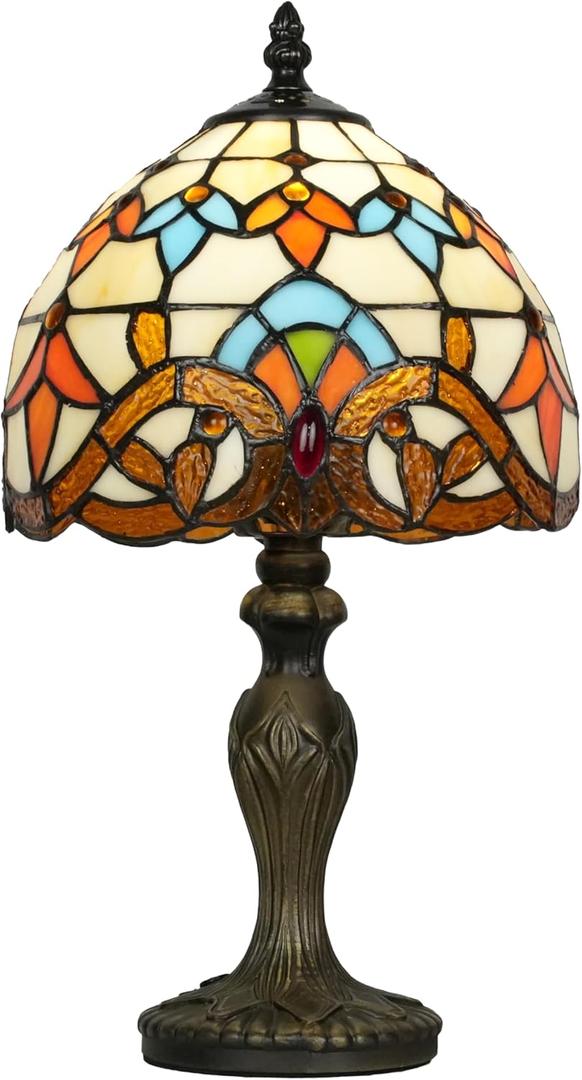 Skyblaze Tiffany Style Table Lamp, Baroque Style Stained Glass Desk Lamp, Vintage Night Light, 8 Inch Reading Light with Handmade Lampshade for Small Bedside Table Bedroom Living Room (Beige)