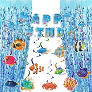 Under The Sea Birthday Party Decorations Set - NO DIY - Tropical Fish Hanging Swirls & Wavy Foil Fringe Curtain Ocean Sea Animals Party Supplies for Kids Boys Girls Birthday Party Decorations