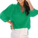 Womens Casual 3/4 Length Sleeve Tops 2025 Summer Button V Neck Texture Blouses Smocked Loose Pullover Tunic Tops Shirts size M