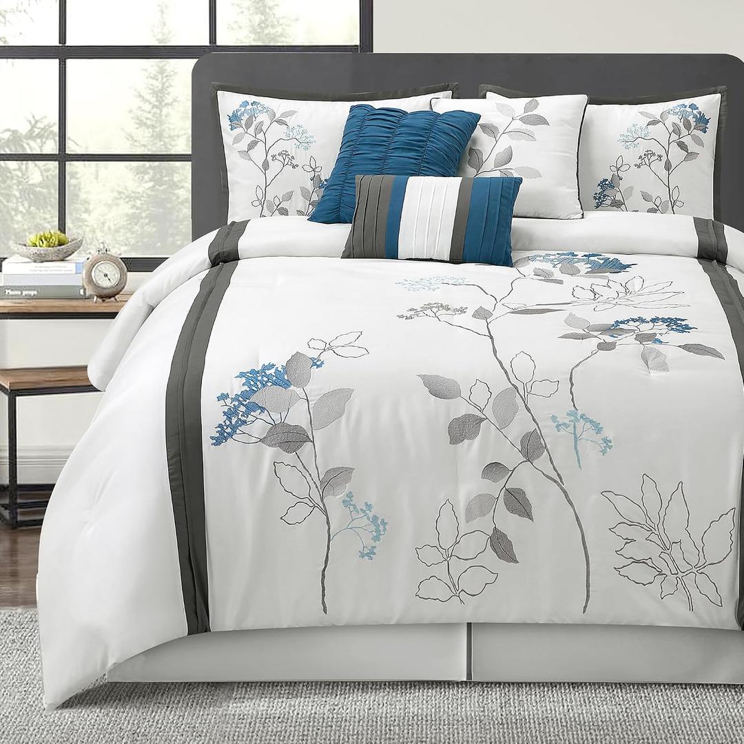 LANCO MODERN LIFESTYLE White Queen Comforter Set, 7 Pieces Bed in a Bag, Elegant Floral Leaves Embroidery, Soft and Lightweight All Seasons Bedding Set, Bedskirt, Pillow Shams, Decor Pillows