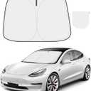 300T Sunshade for Tesla Model Y Model 3, Car Accessories 2026 for Tesla, Front Window Sunshade with Organizer Bag, Gifts for Tesla Owners