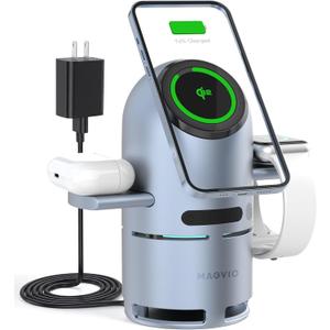 3 in 1 Mag-Safe Charging Station with Bluetooth Speaker, Auto-Rotating Magnetic Stand, 15W Qi2 Fast Wireless Charger for iPhone 17/16/15/14/13/12, Apple Watch, AirPods, 30W USB-C Adapter
