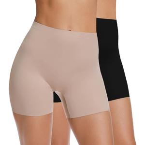 WOWENY Anti Chafing Slip Shorts for Under Dresses Underwear for Women Thigh Bands (Medium, A03-2 Pack-black+beige)