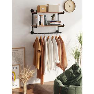30in Industrial Pipe Clothing Rack,2-Tier Wall Mounted Clothes Rack, Pipe Clothing Rack with Shelf, Wall Hangers for Clothes, for Bedroom, Laundry, Living Room, Retail Store