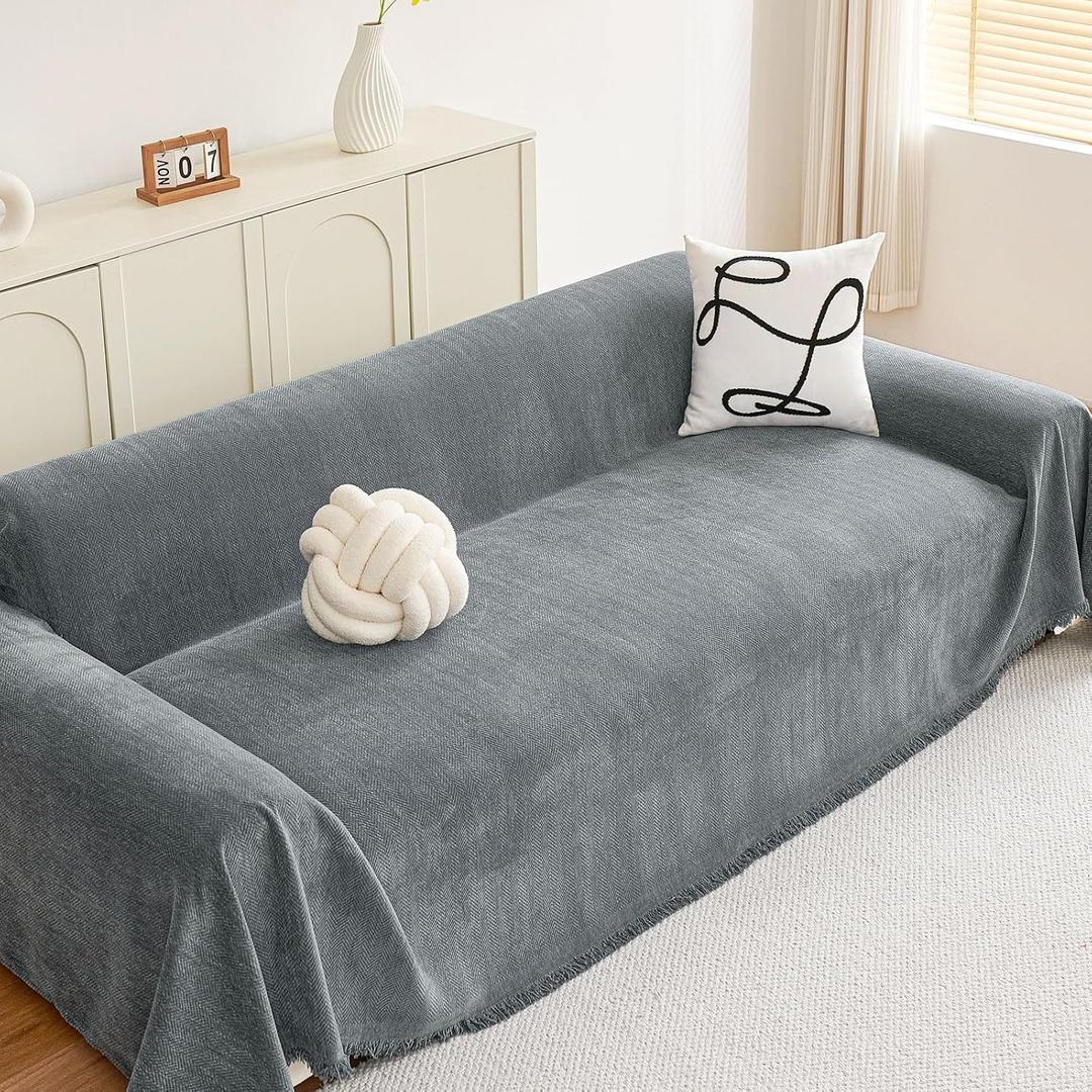 hyha Couch Cover for Dogs, Boho Sofa Covers for 3 Cushion Couch Washable, Chenille Sofa Slipcover for Pets, Soft Loveseat Sectional Couch Throw Blankets with Tassels (Grey, 71x118 Inch)