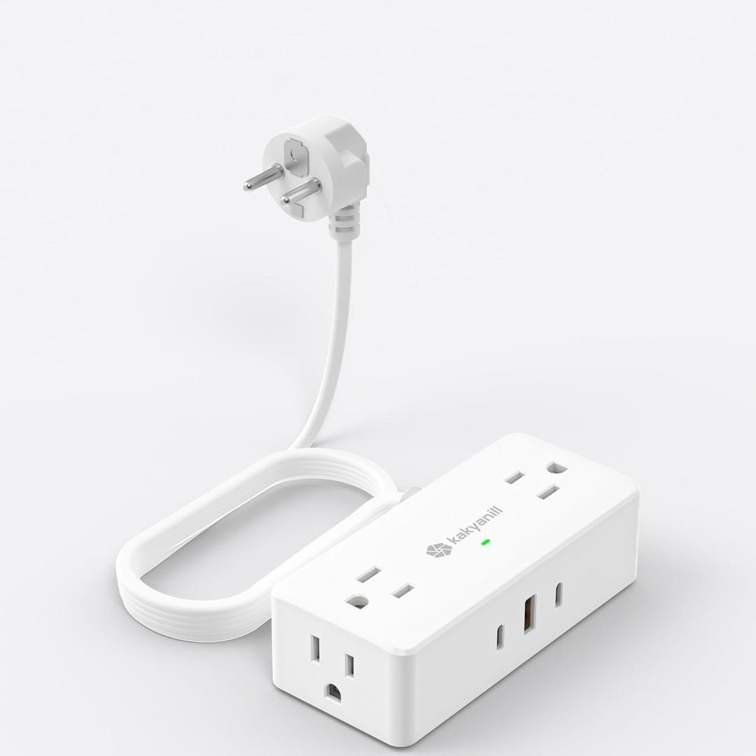 Kakyanill European Travel Plug Adapter, Type E F Plug Adapter, 4 AC Outlets, 3 USB Ports (2 USB C), 5ft Flat Extension Cord, for Germany France Travel