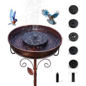 Solar Bird Bath Fountain, Green Metal Stand, 7 Nozzle, Outdoor Garden Decor (Bronze)