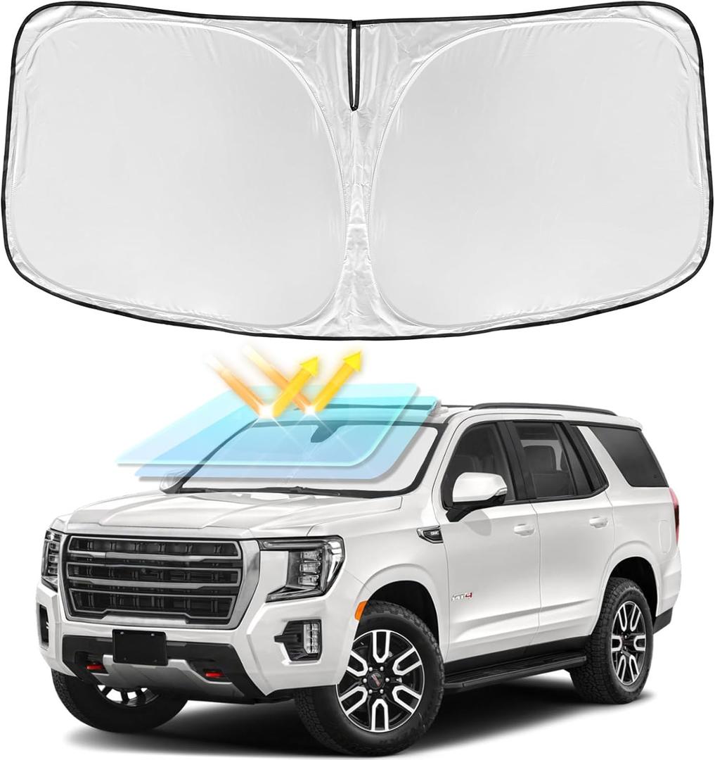 for GMC Yukon/Yukon XL 2021-2025 Windshield Sun Shade - 4 Layers Car Sunshades for Front Windows Shade Cover Custom Fit Yukon Sun Visor 240T Retractable Shade Blocks UV Rays Car Accessories
