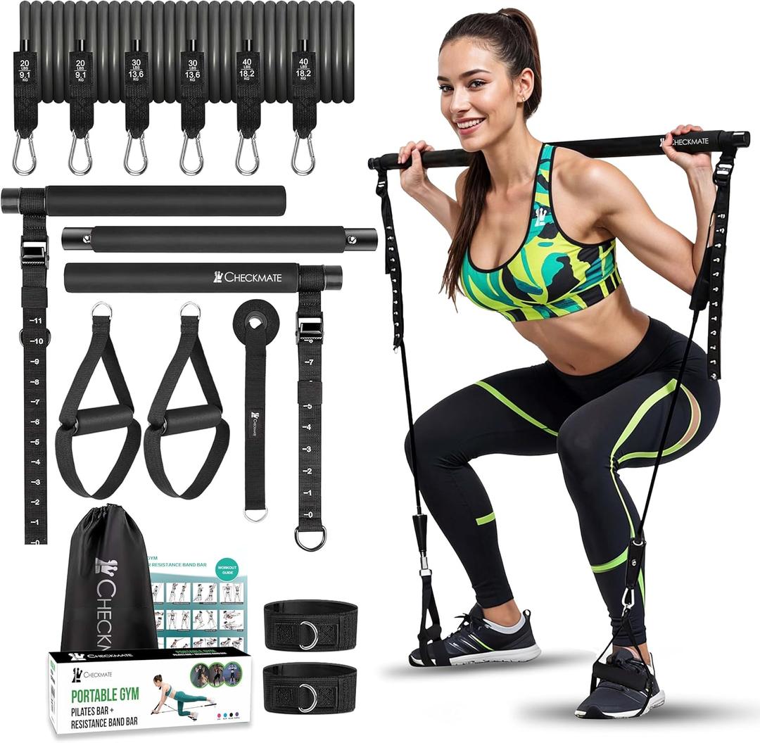 CHECKMATE Pilates Bar Kit with Resistance Bands | 3-Section Pilates Bar with Stackable Bands Workout Equipment for Legs, Hip, Waist & Arm