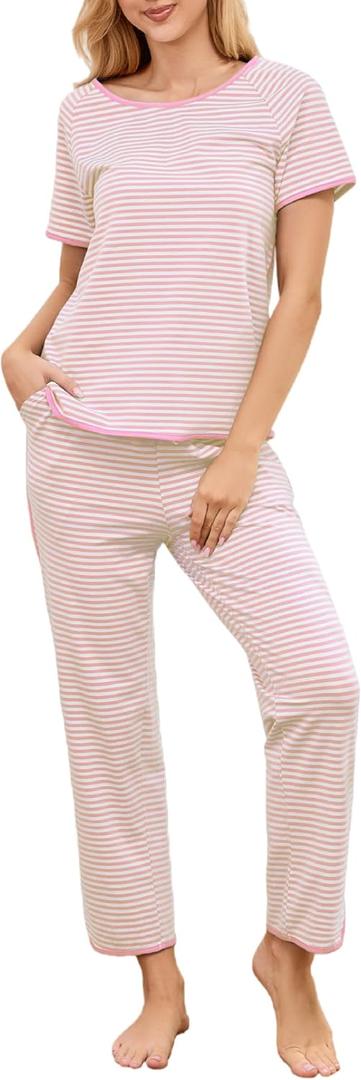 Fysumeoa Womens Cotton Pajama Sets Striped Lounge Sets Ladies Short Sleeve Pants Pjs Comfy Soft Loungewear Sleepwear with Pockets Pink Large